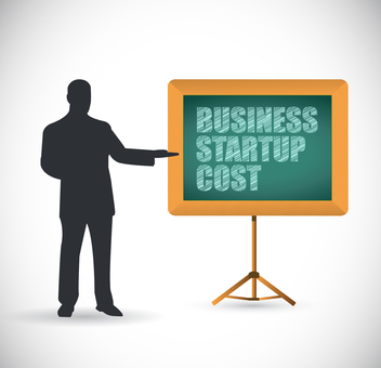 business startup costs on blackboard with presenter