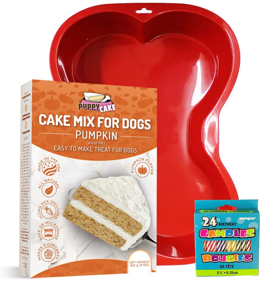 dog treat mix with dog bone pan and birthday candles