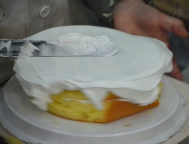 Icing the cake is the first step in decorating a dog cake
