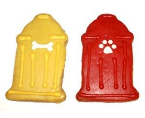 fire hydrants dog cookies with yellow and red icing